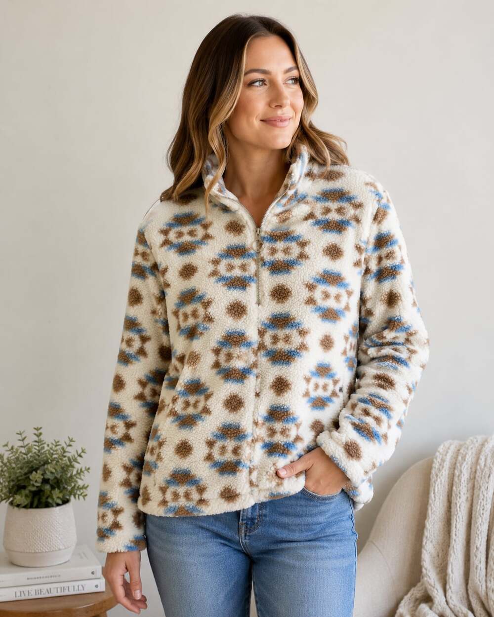 Weekending Sherpa Half Zip Pullover Aztec Print Fleece Jacket Medium